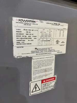 15 KVA POWERTRAN  240 <-> 208Y/120 VOLT ELECTRICAL TRANSFORMER: YOBRO #24046