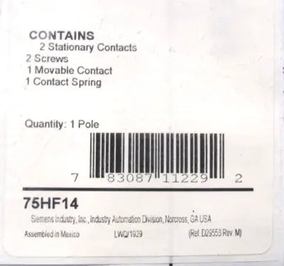 NEW SIEMENS 75HF14 CONTACT KIT 1 POLE SIZE 3