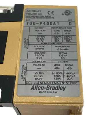 ALLEN BRADLEY 700-P400A1 AC RELAY SER.D 700P400A1 NEW, SURPLUS