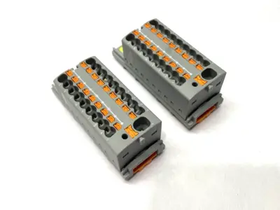 USED PHOENIX CONTACT DISTRIBUTION BLOCK PTFIX 4/18X1,5-NS35 GY LOT OF 2