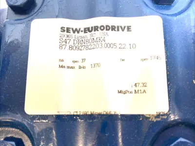 Used SEW-Eurodrive Gearmotor S47 3/4HP, 230/460V 37RPM 47.32:1, NO FAN COVER Gearmotors Michigan US | Maverick Industrial Sales #1412951