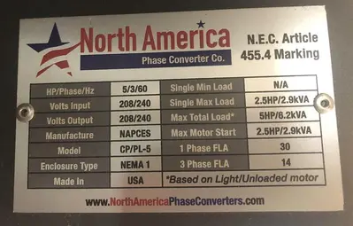USED NORTH AMERICAN PL-5, 5 HP. ROTARY PHASE CONVERTER