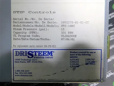DriSteem STS-100C Steam-to-Steam Humidifier Controller 331 PPH Cap. 15 PSI Used