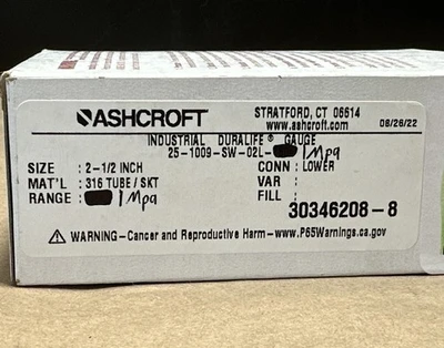 NEW Ashcroft 25-1009-SW-02L-1MPa
