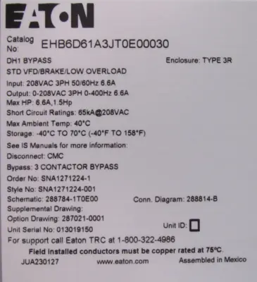 NEW EATON DH1-326D6DN-C21C POWER XL DRIVE DH1 1.5HP EHB6D61A3JT0E00030