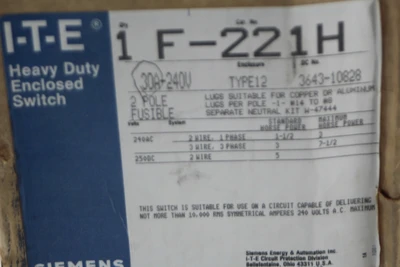 New | in-Stock ITE-Siemens F221H Switchgears California US | Davliegogo LLC #1707908