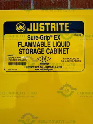 USED JUSTRITE 45 GALLON FLAMMABLE LIQUID STORAGE CABINET W/ SOFT CLOSE DOORS, KEY
