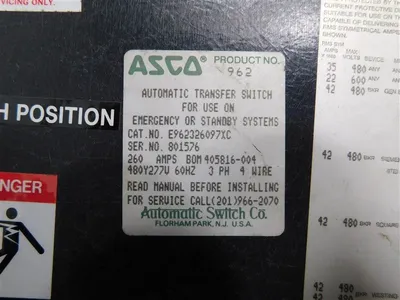 ASCO E962326097XC ATS 260A 480Y/277V 60Hz 3Ph 4Wire BOM 405816-004 Used