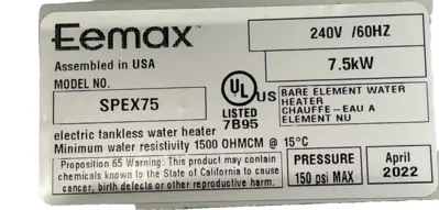 NEW EEMAX 485C01 TANKLESS WATER HEATER SPEX75