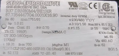 NEW SEW EURODRIVE R37 DRN80M4/BE1HR GEARMOTOR 19.31 230/460V R37DRN80M4BE1HR