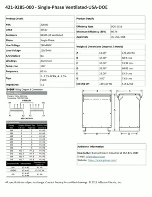 New 200 KVA Single Phase Dry Type Transformer Pri 240 x 480 Sec 120/240 421-9285-000 FREE SHIPPING