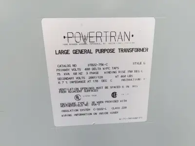Powertran 3TB22-75K-C Stepdown Power Transformer 75kva 3Ph HV 480 LV 208Y/120