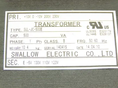 Swallow Step-Down Power Transformer 500VA Pri 190-240V Sec 95-120V 1Ph