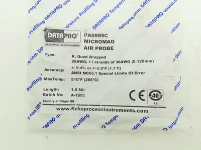 Datapaq PA0995C Data Logger Type K MicroMag Air Probe Thermocouple 510°F