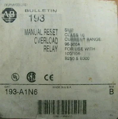 NEW ALLEN BRADLEY 193-A1N6 OVERLOAD RELAY SER. B 193A1N6