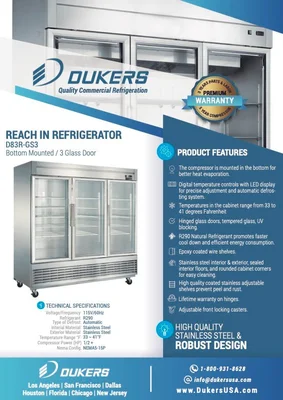 New | in-Stock Dukers New Dukers D83R-GS3 Bottom Mount Glass 3-Door Commercial Reach-in Refrigerator Display Refrigerators Illinois US | Falcon Restaurant Supply #1376311