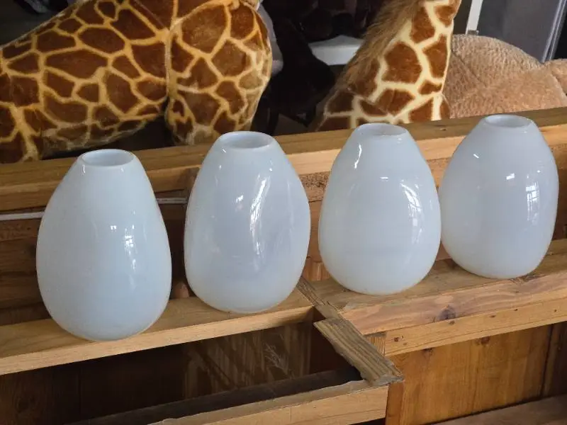 Lot of (4) Handblown Art Glass Table Vases by Holmegaard 6" x 7" (white) (rounded triangle)