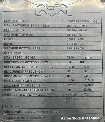 USED ALFA LAVAL SWPX 810-SGV-34-CGL