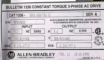 USED ALLEN BRADLEY 1336-B005-EAD-FA2-51 SER. A DRIVE 5HP, 460V, 1336B005EADFA251