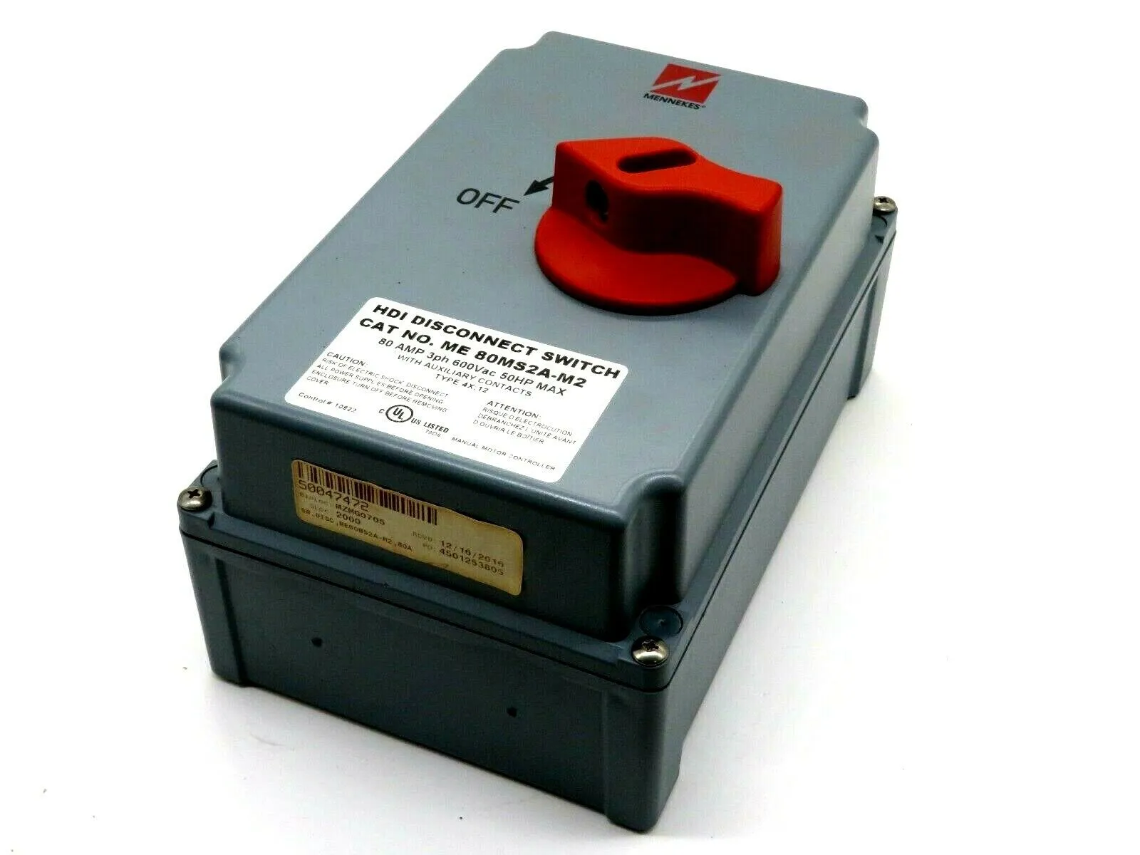 NEW MENNEKES ME80MS2A-M2 DISCONNECT SWITCH 80AMP 3PH 600VAC 50HP ME80MS2AM2