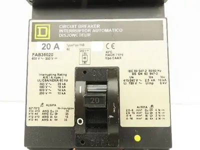 Square D FAB36020 I-Line Circuit Breaker 20A 600V 3 Pole Gray Face