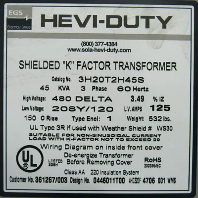 NEW SOLA 3H20T2H45S TRANSFORMER 45 KVA 3 PHASE 60HZ 480 DELTA 280Y/120