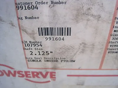 NEW FLOWSERVE 991604 SINGLE INSIDE PUSHER PTO-HW 2.125" SHAFT 107954