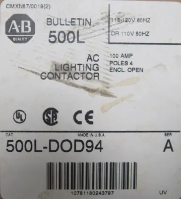 ALLEN BRADLEY 500L-DOD94 AC CONTACTOR SER.A 100A 500LDOD94 NEW SURPLUS