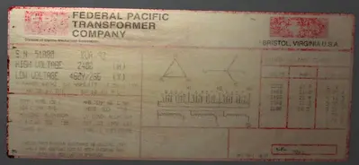SPC7691  Transformers and Switchgear 93 kva Federal Pacific Transformers Company dry transformer, 2400 high voltage, 460 Y/ 266 low voltage, 3 phase