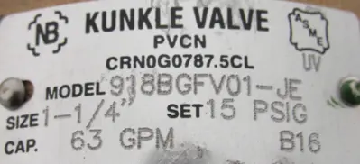 NEW KUNKLE 918BGFV01-JE-0015 RELIEF VALVE 1-1/4" 15 PSIG 63GPM 918BGFV01JE0015