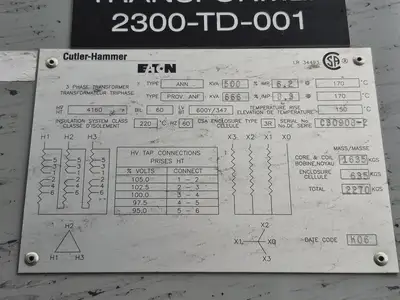 500 kVA Transformer, 4160 pri. volts, 600Y/347 sec. volts in 3R Enclosure
