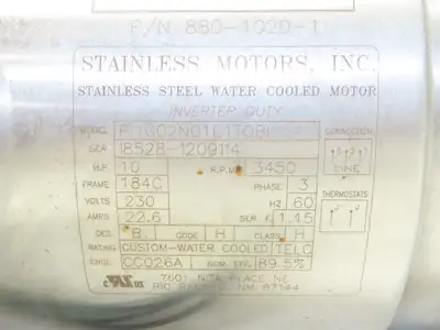 Stainless Motors PI1G02N01E1TOBI AC Washdown Motor 10Hp 3450rpm 230V 3ph 184C TE