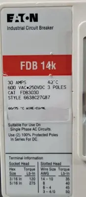 Eaton Cutler Hammer FDB3030L 30 Amp 600 Volt 3 Pole (BIN434)