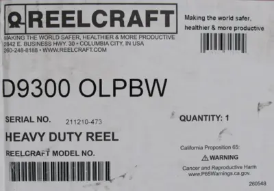 NEW REELCRAFT D9300 OLPBW 75' SPRING RETRACTABLE HOSE REEL 500 PSI D9300OLPBW