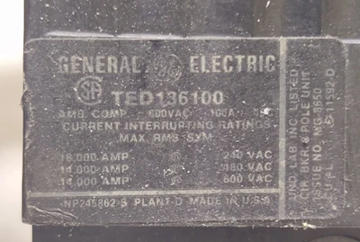 General Electric GE TED136100 3 pole 3PH 100A circuit breaker 600v Disconnect
