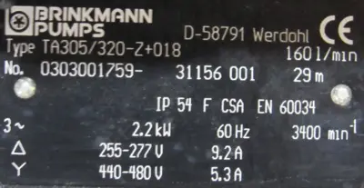 NEW BRINKMANN PUMPS TA305/320-Z+018 PUMP 160L/MIN 255-277V 440-480V TA305320Z018