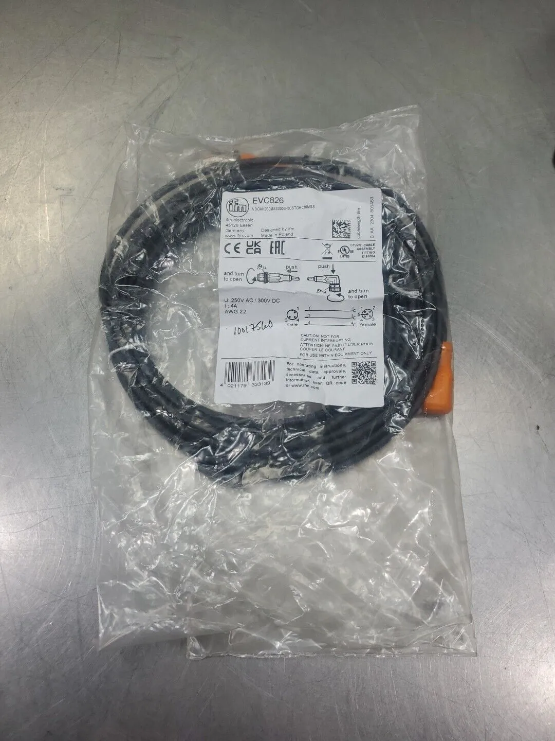 IFM EVC826 PLC Cable, 250VAC/300VDC, 4A, AWG22. 5D-32