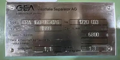 Westfalia CRA 160-96-076 hermetic super-clarifier, SS.