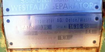 Westfalia SAMR 3036 clarifier centrifuge, 316SS.