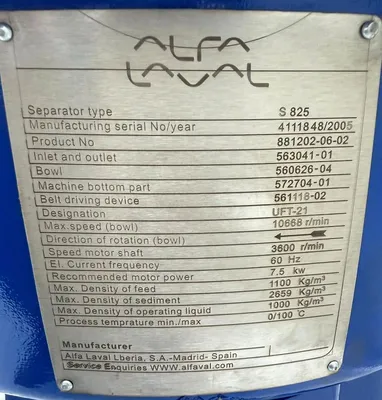 Alfa-Laval S-825 fuel/lube oil purifier, 316SS.