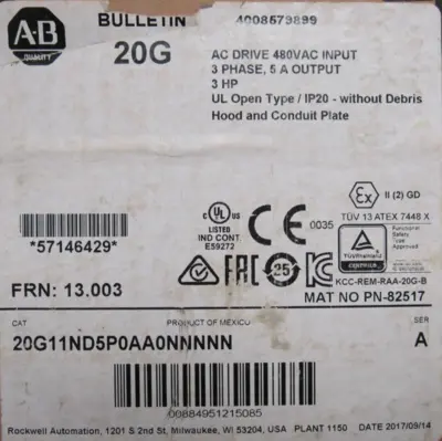 ALLEN BRADLEY 20G11ND5P0AA0NNNNN POWER FLEX 753 SER.A 3HP NEW SURPLUS