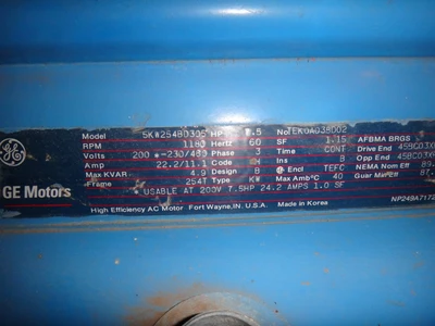 General Electric 7.5 hp 1180 rpm electric motor