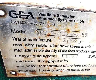 Westfalia OSD 18-0136-067/15 fuel oil purifier, SS.