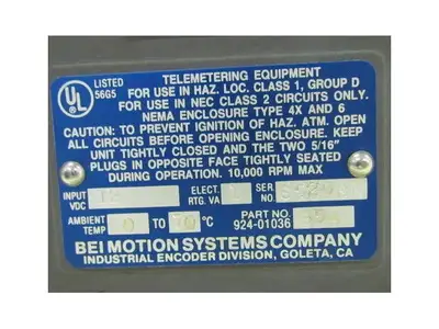 BEI Industrial Encoder M/N H38D-3140-T2-AB2C-7406M12-LED-SC-UL P/N 924-01036-354