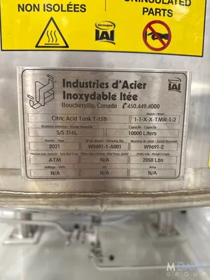 USED 2021 INDUSTRIES D'ACIER INOXYDABLE ITEE 2,600 GALLON