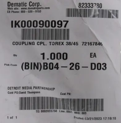 NEW DEMATIC IK00090097 COUPLING 72167846 TOREX 38/45M