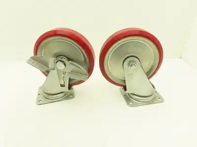 200x42mm 8" Red Polyurethane Swivel Plate Caster Wheel w/Brake J-200S  Lot of 2