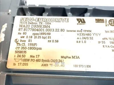 Used SEW-Eurodrive SPIROPLAN 3-Phase Right-Angle Gearmotor 0.18kW Gearmotors Michigan US | Maverick Industrial Sales #1394429