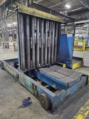 20,000 LBS X 54" X 36" BRANER HYDRAULIC COIL CAR UPENDER WITH POWER FEED CONVEYOR: YOBRO #25238