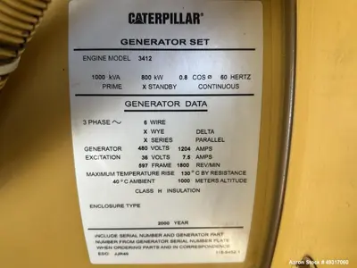 Used Caterpillar 800 kW Diesel Generator Set – CAT 3412, 1180 HP, 480V, 852 Hours, Enclosed with Fuel Tank